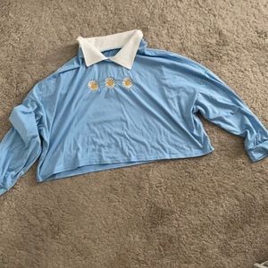 blue flower long sleeve crop with collar